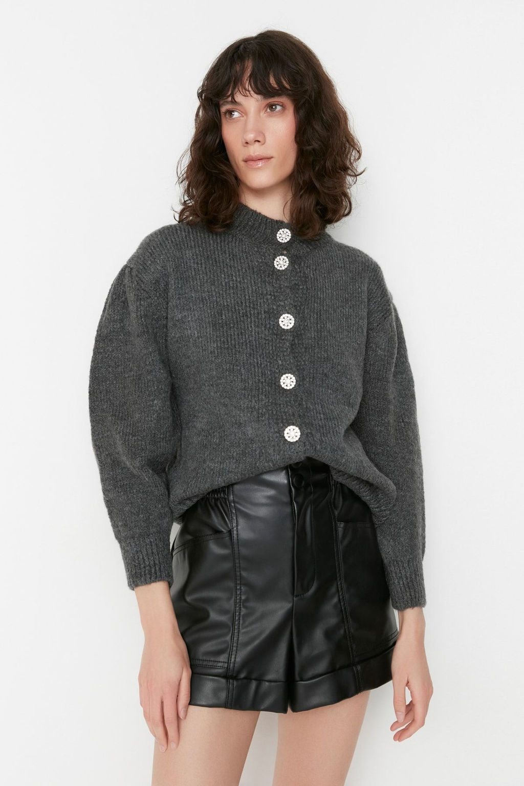 Antrasit Yumusak Dokulu Mucevher Dugmeli Ceket Gorunumlu Triko H?rka TWOAW21HI0034