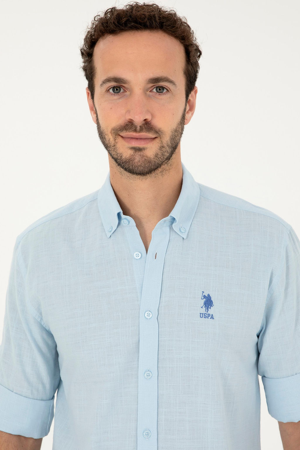 Рубашка U.S. Polo Assn с длинным рукавом голубая хлопок  фото 2