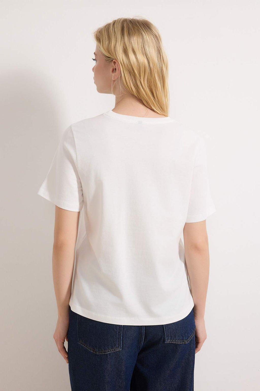 Zumrut Yesili-Ekru %100 Pamuk Bisiklet Yaka 2li Paket Orme T-Shirt TWOSS20TS0141