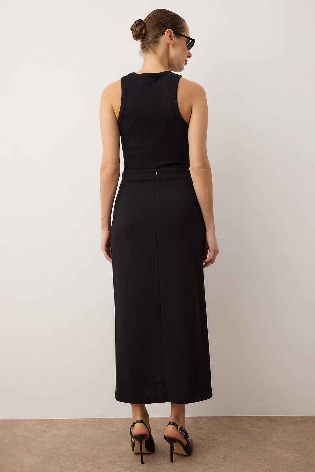 Siyah Smart Krep Y?rtmac Detayl? Maxi Yuksek Bel Esnek Orme Etek TWOSS23ET00351