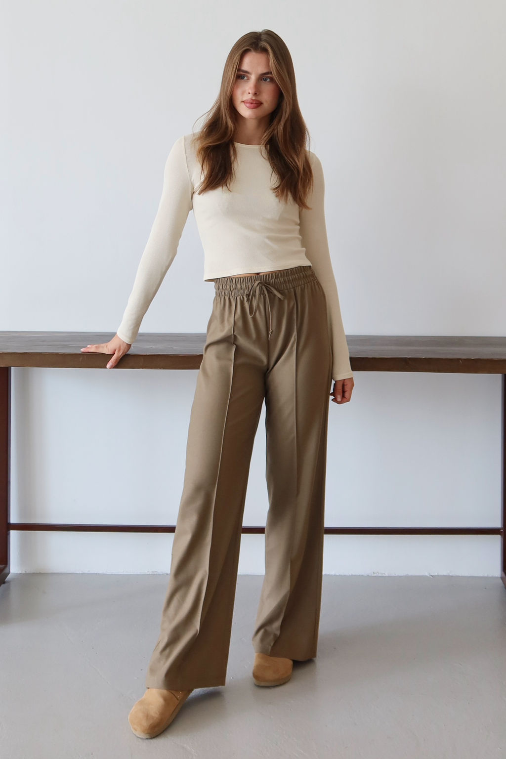Camel Nervurlu Genis Paca Uzun Dokuma Pantolon TWOAW26PL00111