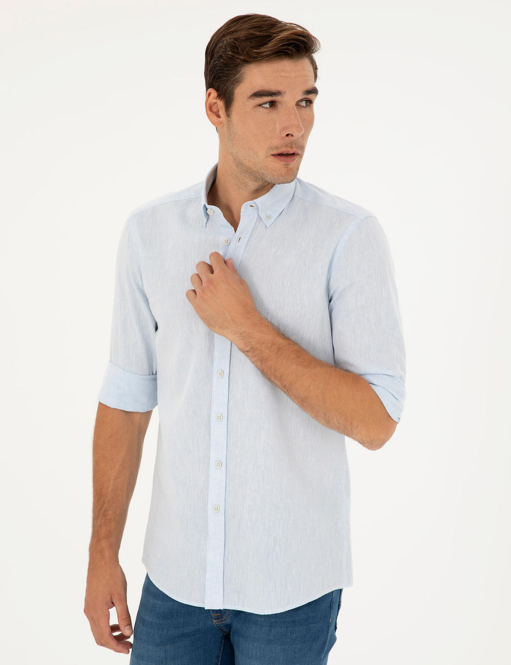 Рубашка Pierre Cardin Regular Fit светло-голубая с примесью льна