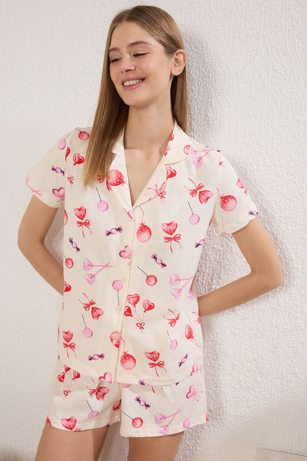 Trendyolmilla Pembe %100 Pamuklu Potikareli Cicekli Sortlu Orme Pijama Tak?m? THMSS25PT00364  фото 2