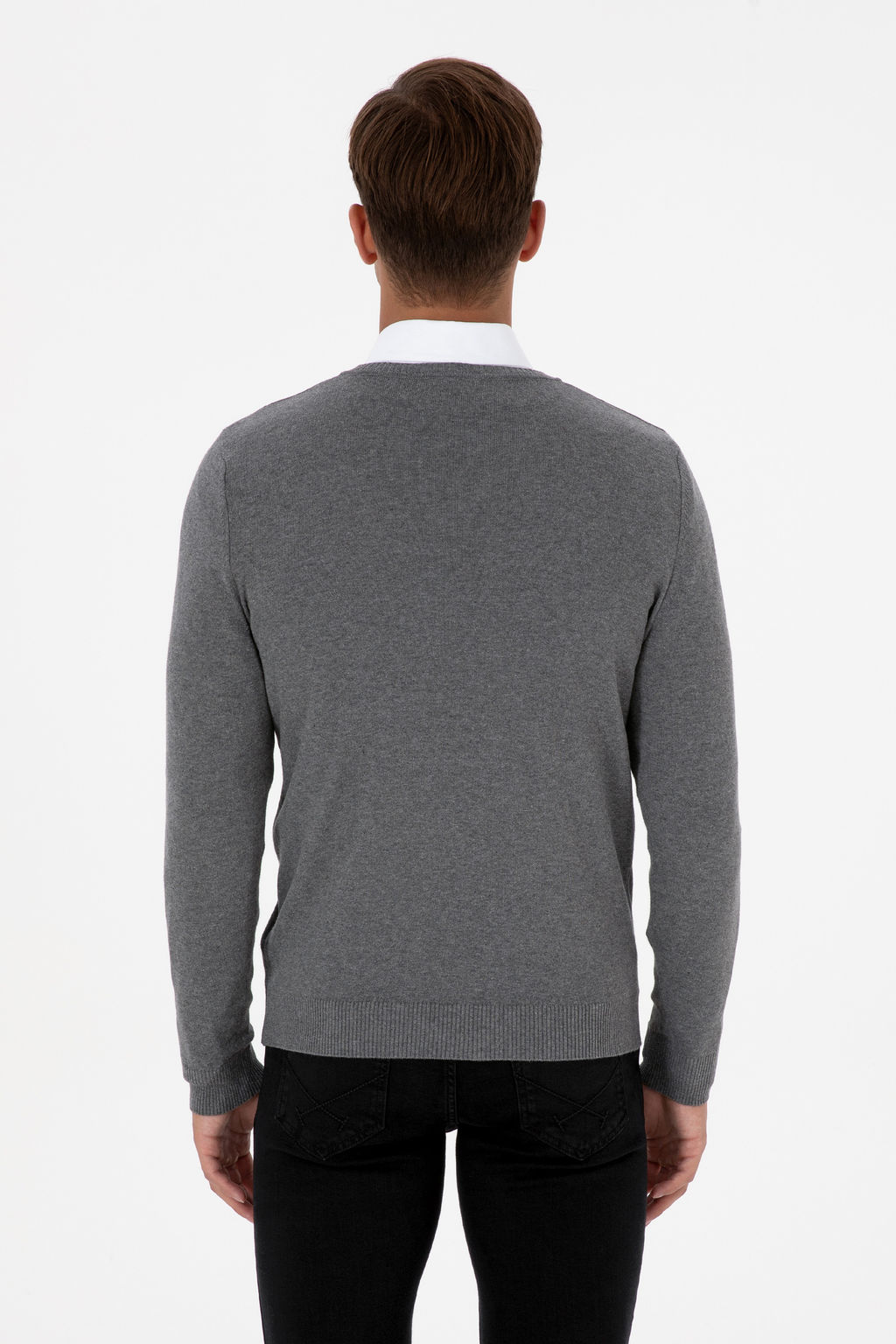 Erkek Slim Fit V Yaka Gri Melanj Basic Kazak - U.s. polo assn фото 4