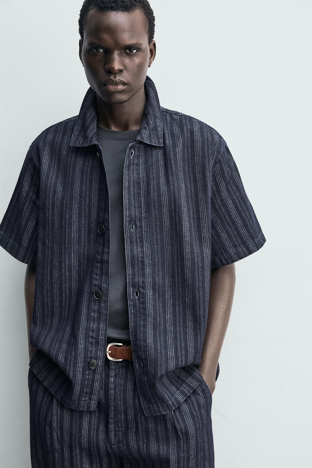 CAMISA RELAXED FIT JACQUARD RAYAS / Azul