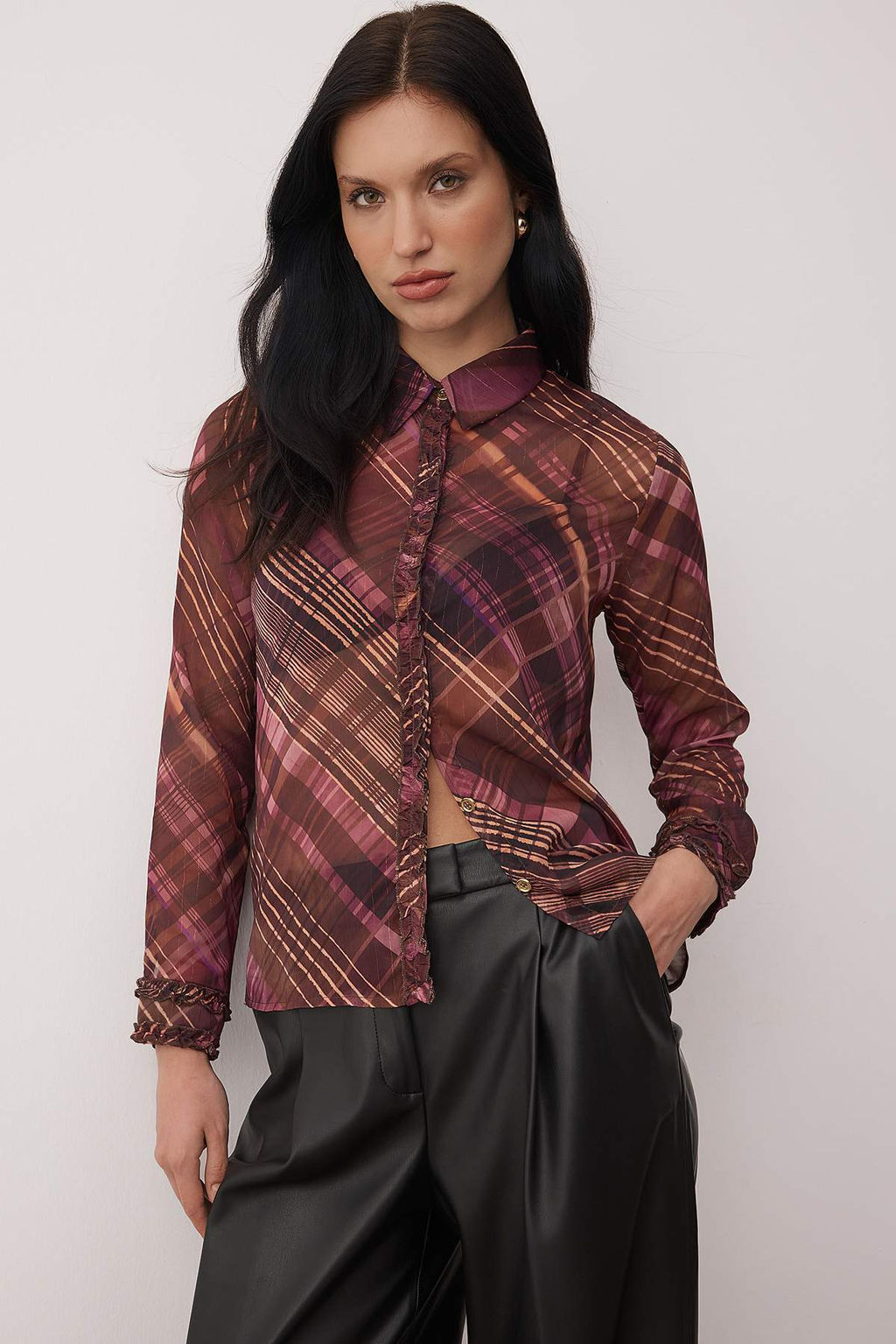 Bordo Ekoseli Regular Kal?p Astars?z Sifon Gomlek TWOAW26GO00139 - Trendyolmilla фото 2