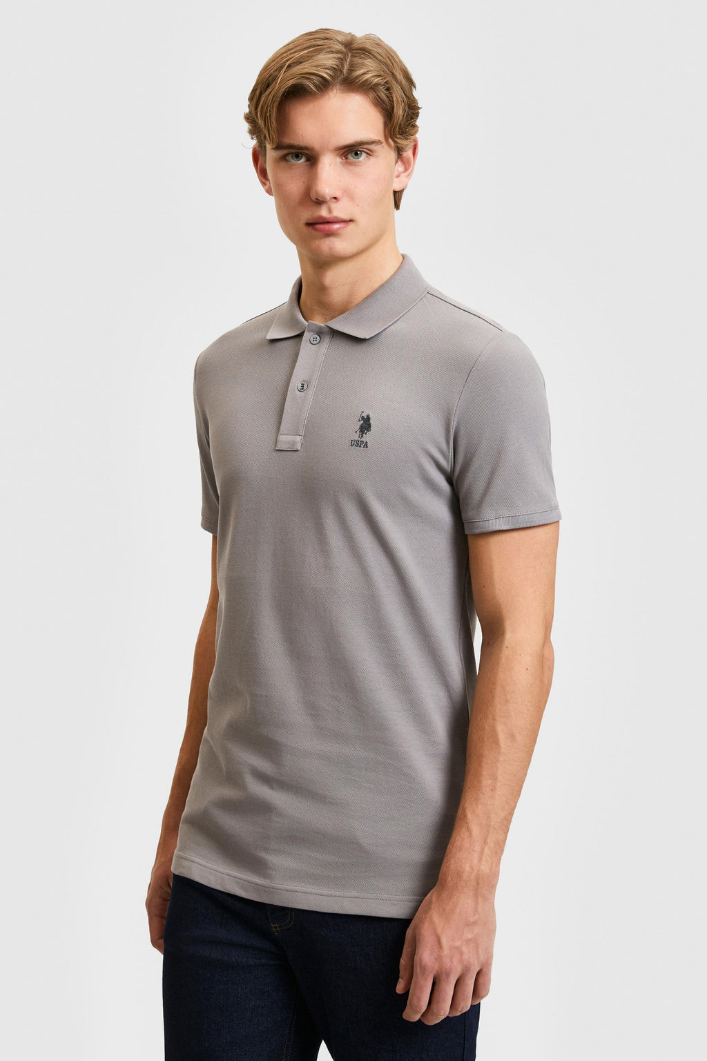 Erkek Slim Fit Polo Yaka Gri Basic Ti__rt