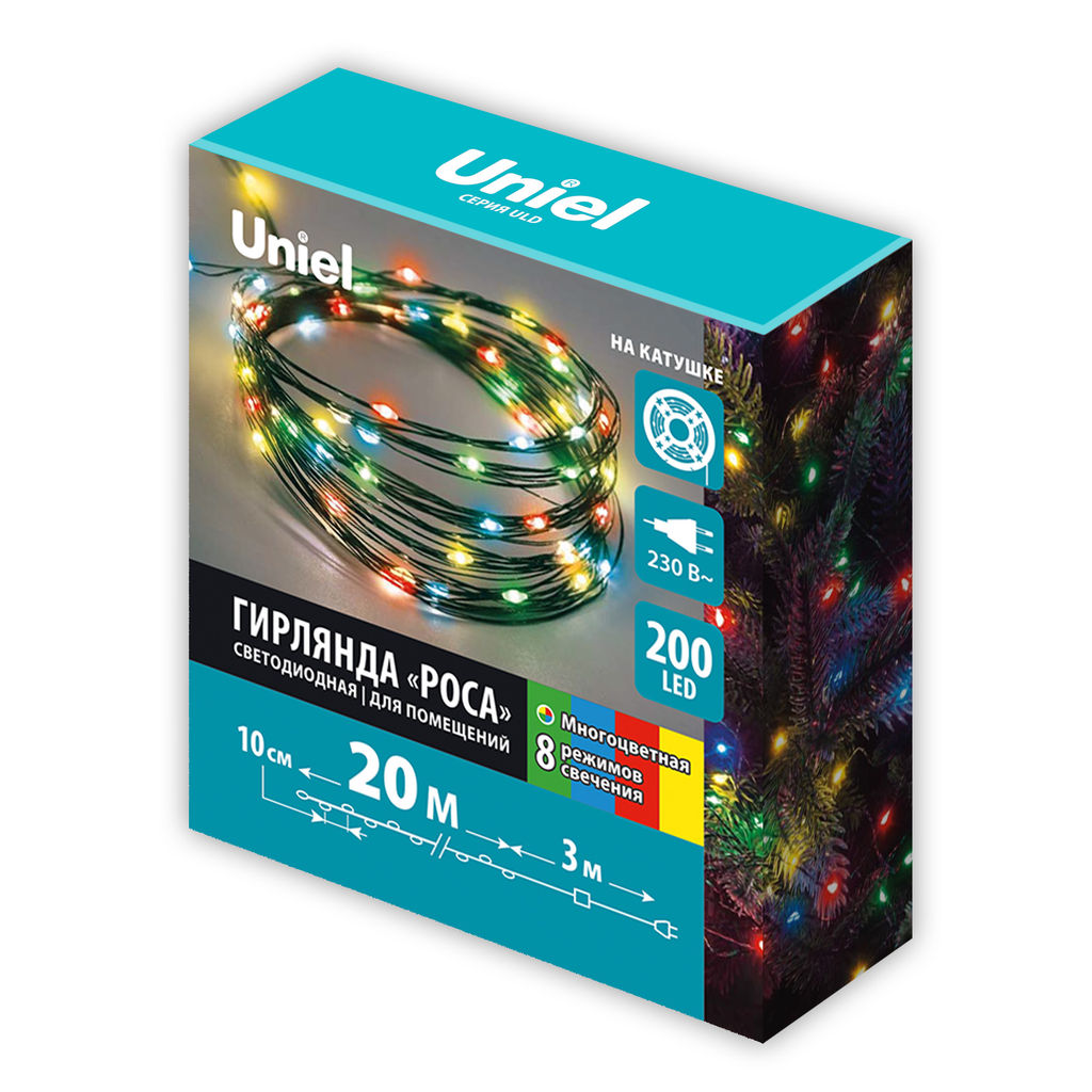 ULD-S2000-200/DGA MULTI IP20 DEW Гирлянда светодиодная Роса, 20м. 200 светодиодов. Разноцветный свет. Провод зеленый. ТМ Uniel - Volpe фото 13