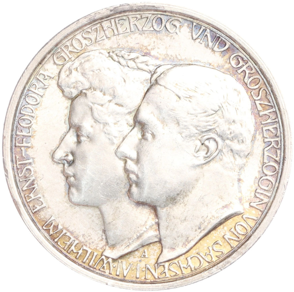 Монета 3 марки 1910 года A Германия (Саксен-Веймар-Aйзенах) Свадьба Вильгельма и Феодоры