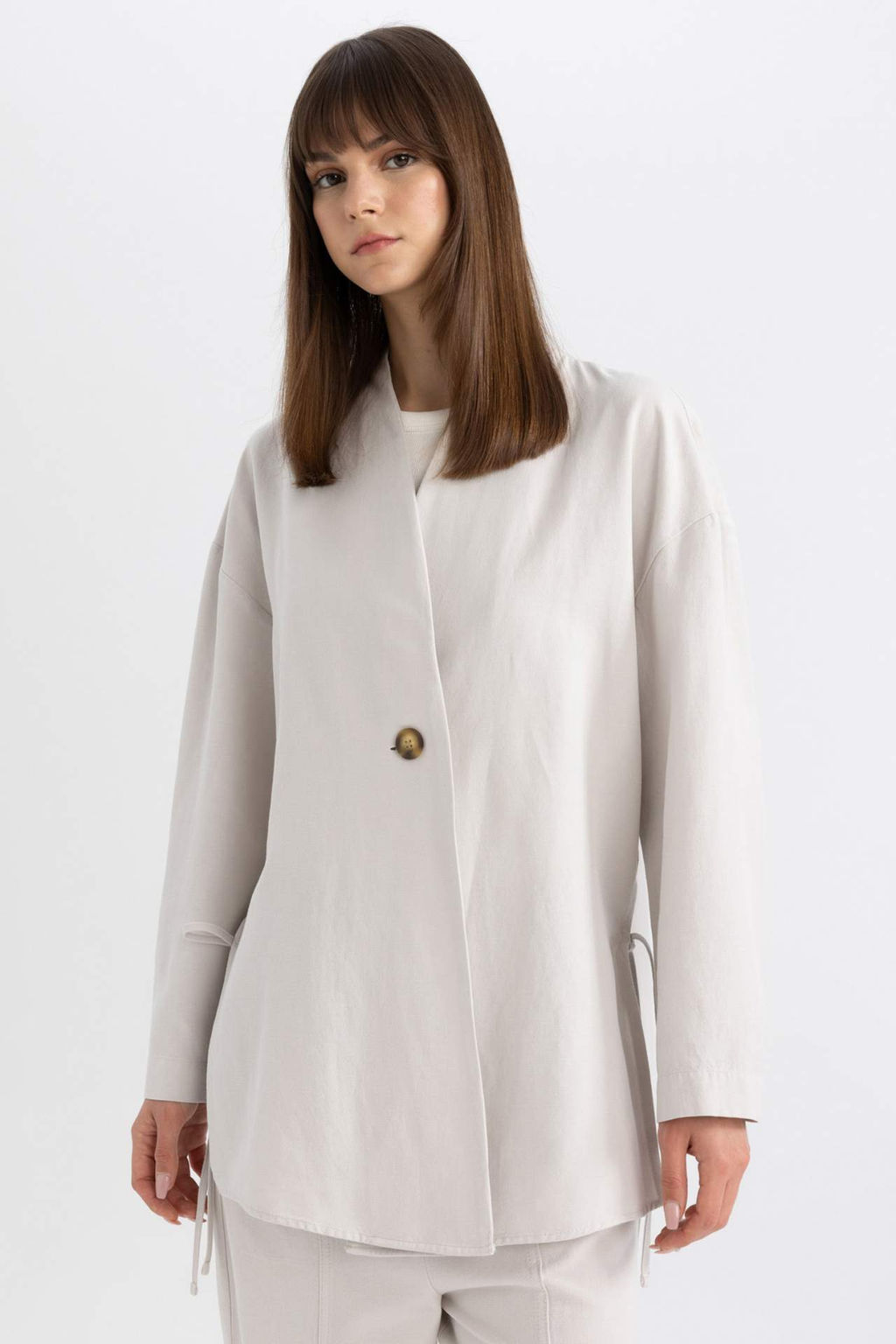 Relax Fit V Yaka Keten Kar?s?ml? Kimono - Defacto фото 2