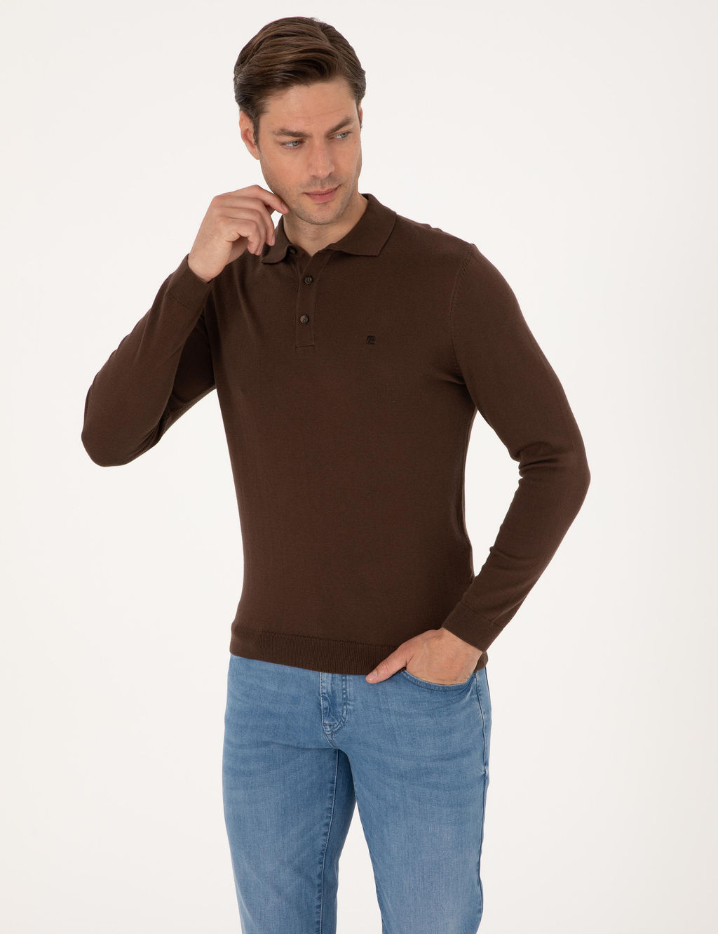 Kahverengi Slim Fit Polo Yaka Basic Triko Kazak - Pierre cardin фото 3