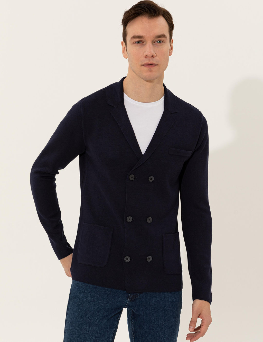 Lacivert Slim Fit Kruvaze Yaka Triko H_rka