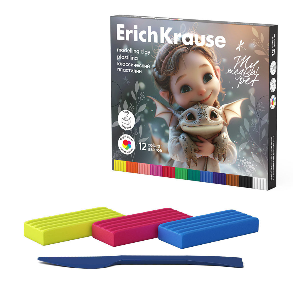 Цена за 1 шт. Пластилин классический ErichKrause Magic Pet 12 цветов со стеком, 180 г (в коробке 12 шт)