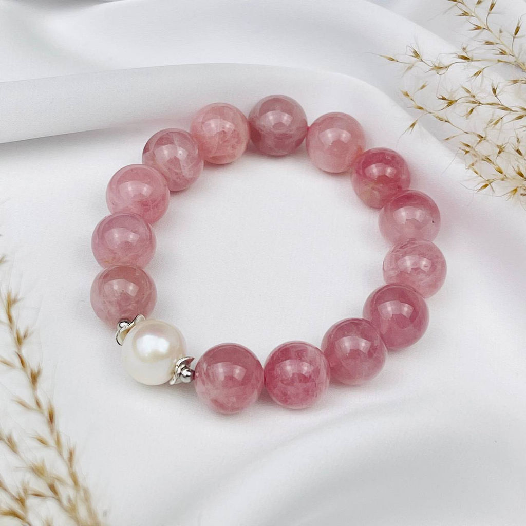 Браслет из мадагаскарского Розового кварца и Жемчуга 18 см