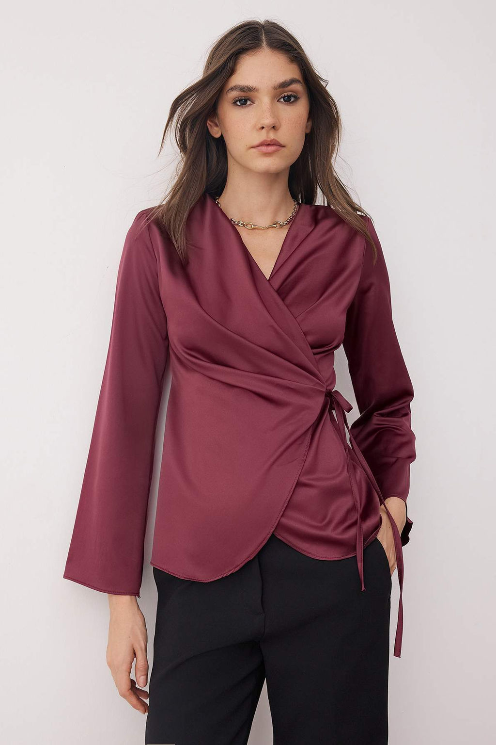 Bordo Saten Kruvaze Dokuma Bluz TWOAW26BZ00052 - Trendyolmilla фото 6