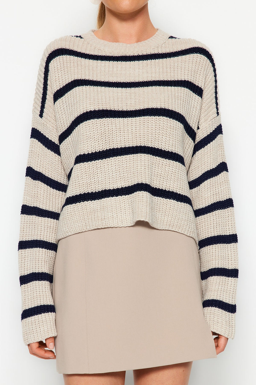 Bej Crop Genis Kal?p Basic Cizgili Triko Kazak TWOAW23KZ00390