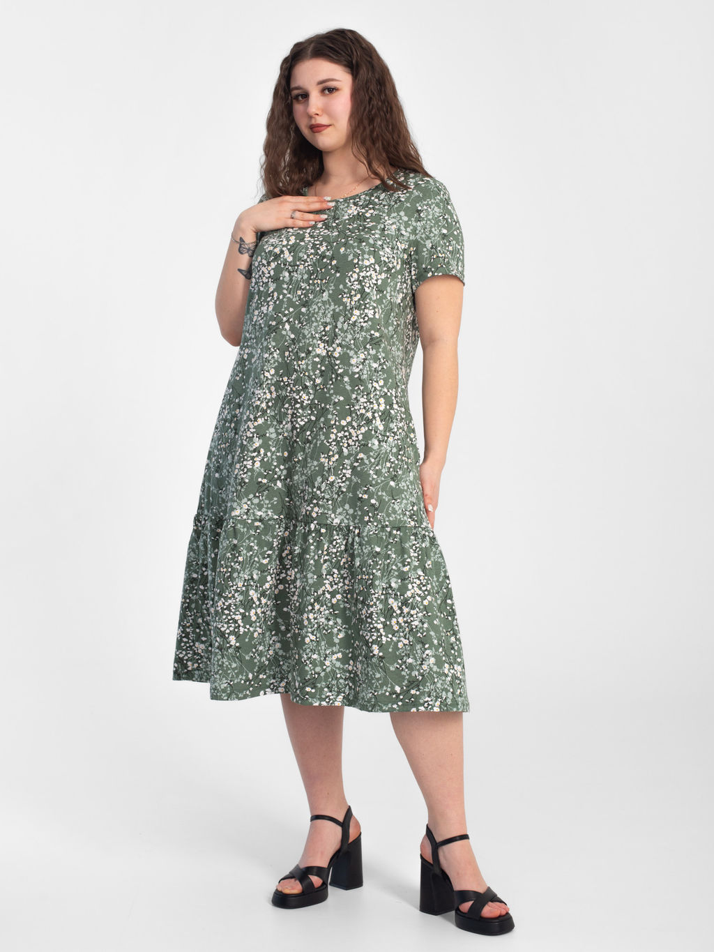 Платье женское кулирка "АГНИЯ" РОМАШКА ЗЕЛЕНЫЙ