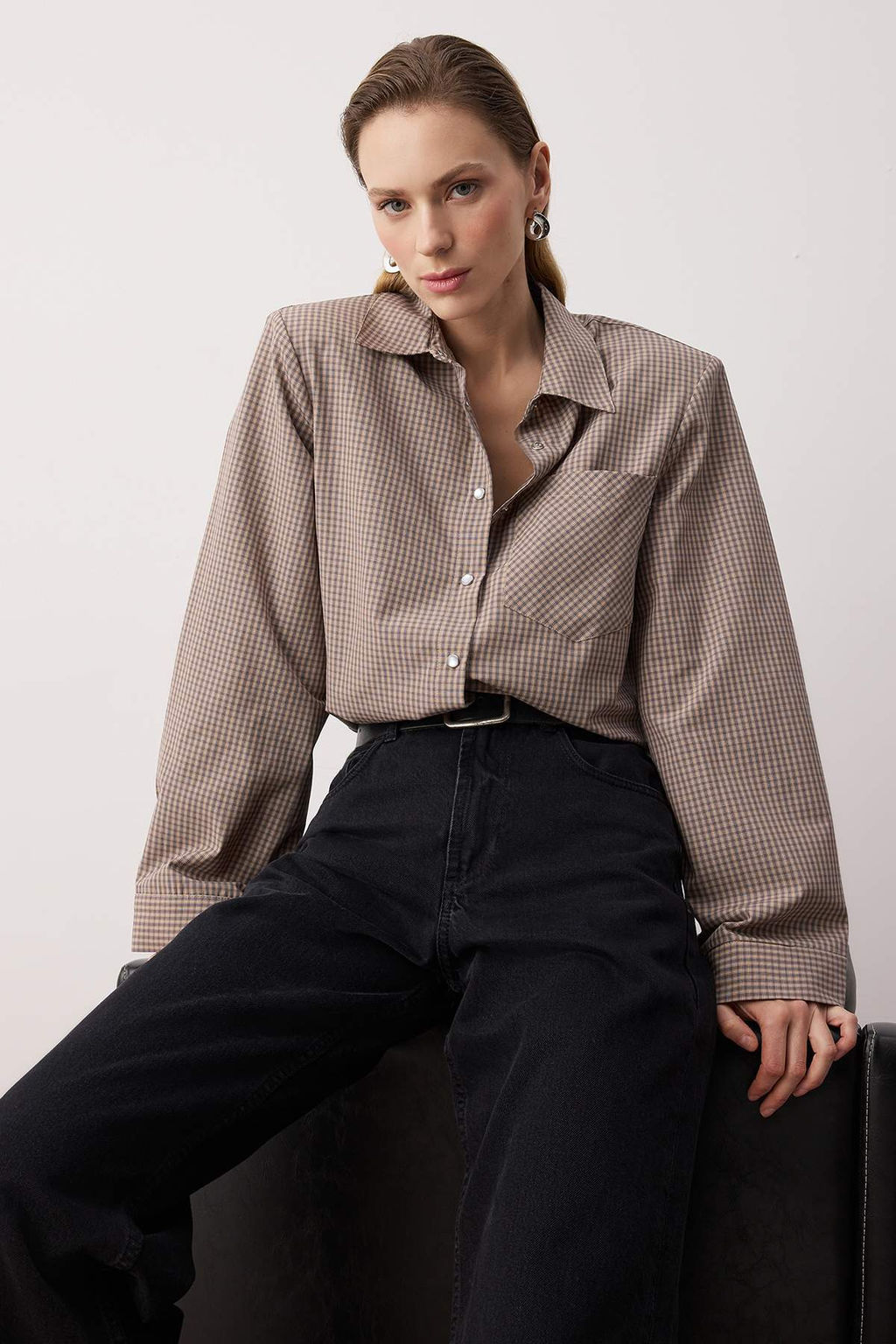 Bordo-Cok Renkli Kareli Vatkal? Genis Mansetli Oversize Gomlek TWOAW26GO00127 - Trendyolmilla фото 11