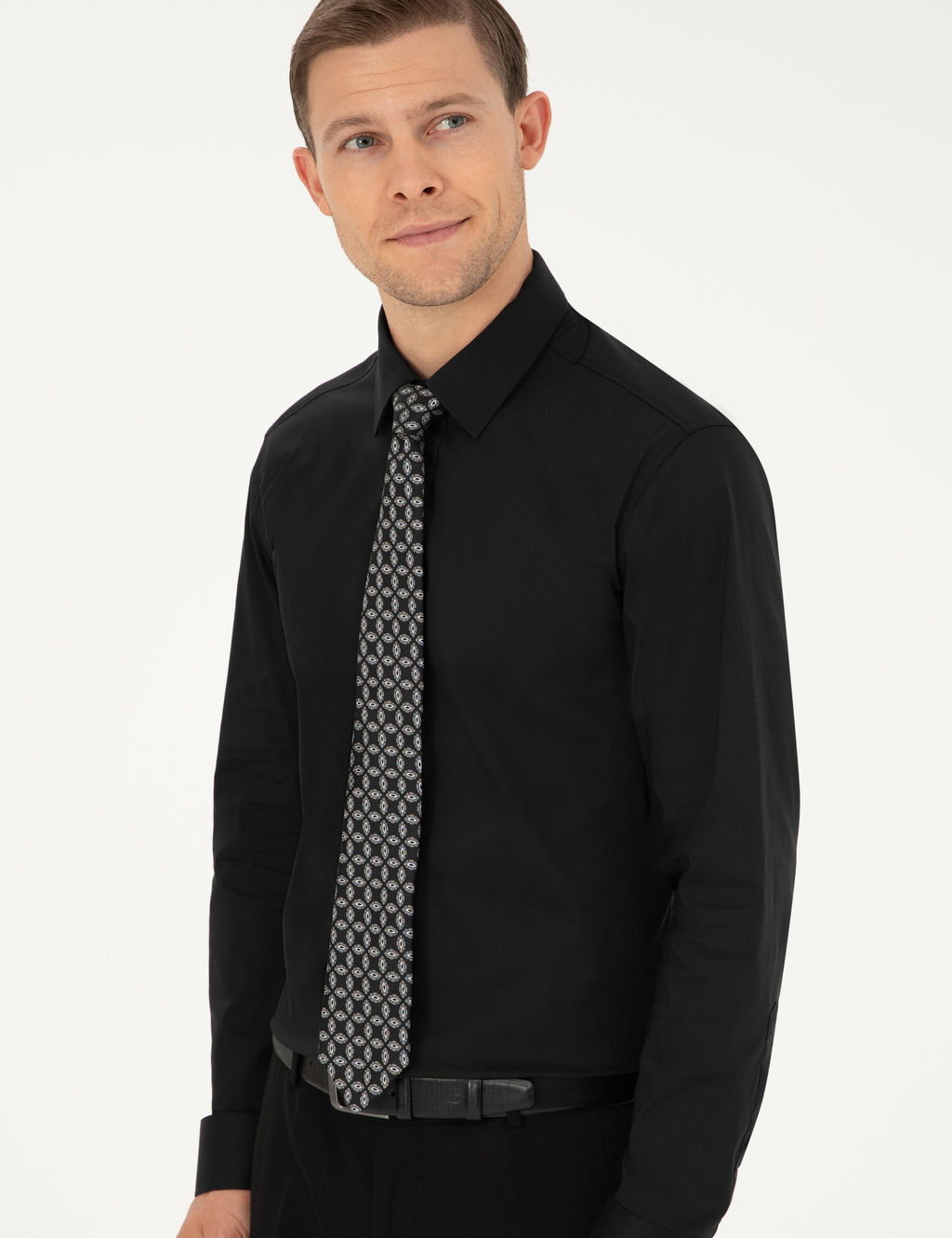 Siyah Slim Fit Pamuk Kar___ml_ Klasik G_mlek