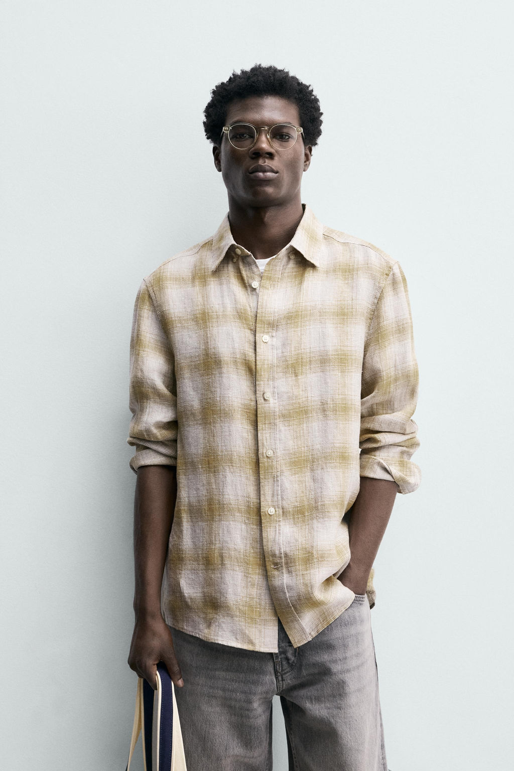 CAMISA CUADROS MEZCLA LINO / Crudo/Amarillo - Zara фото 2