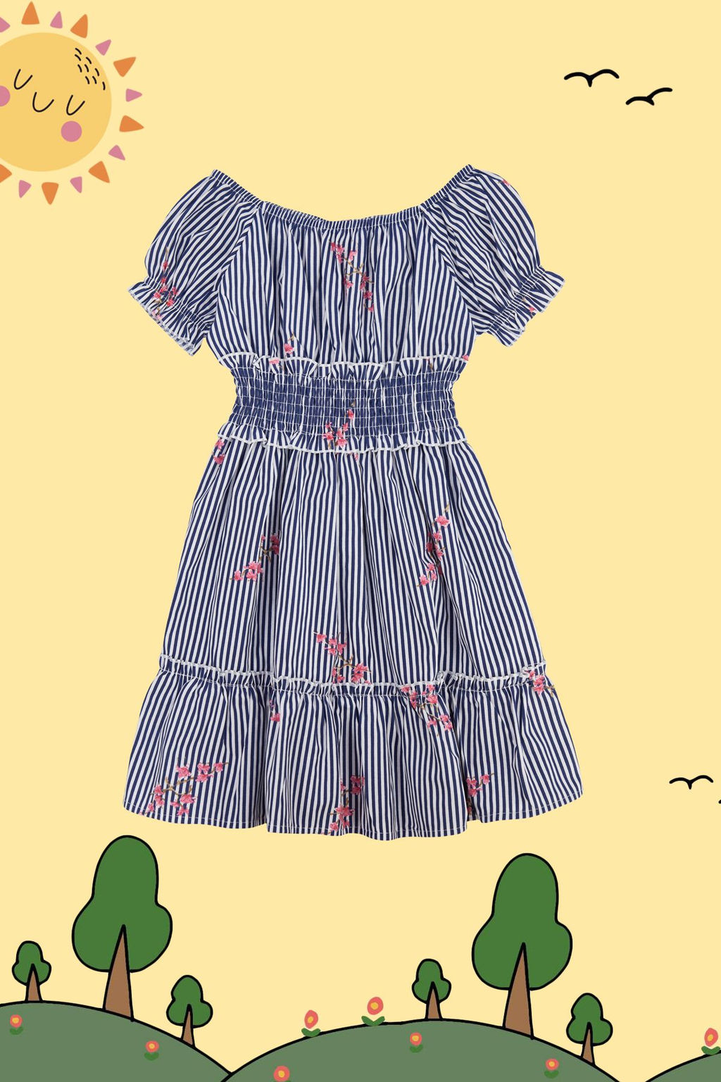 Cok Renkli K?z Cocuk Cicek Desenli Pamuklu Beli Lastikli K?sa Kol Dokuma Elbise TKDSS24EL00018 - Trendyolmilla фото 9