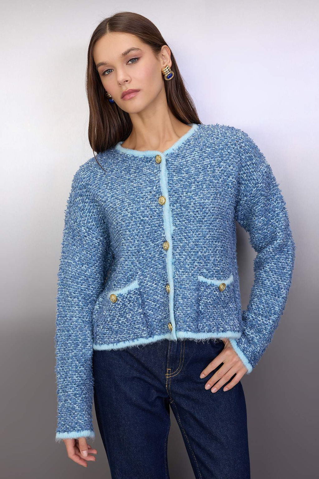 Mavi Yumusak Dokulu Dugme Detayl? Triko H?rka TWOAW26HI00267