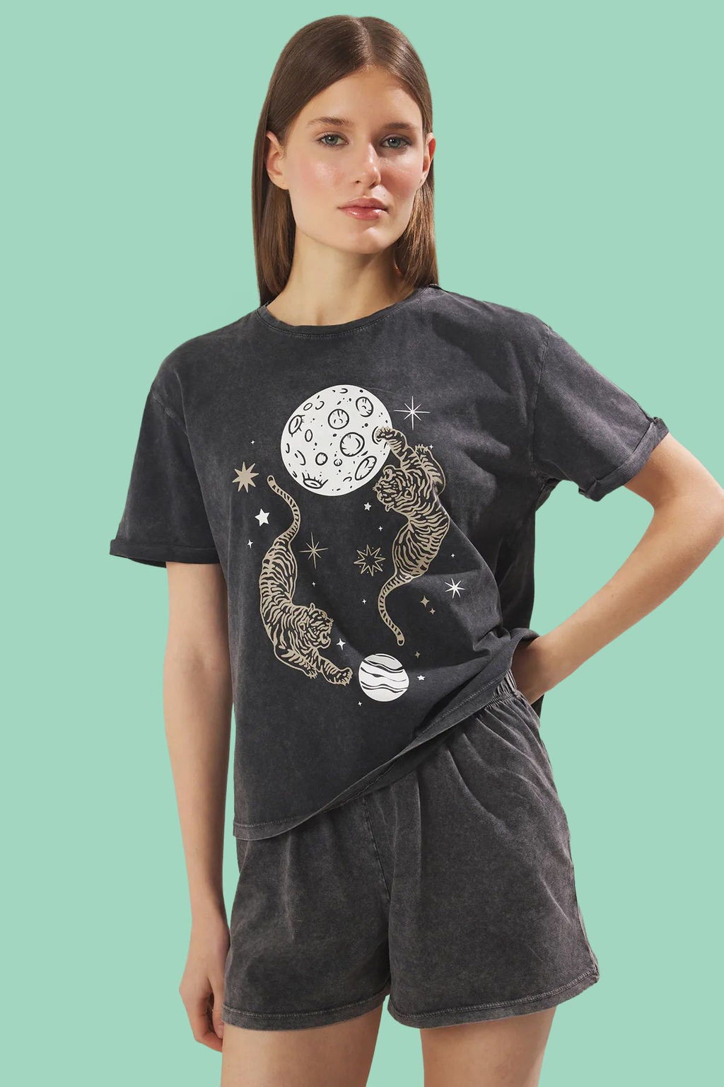 Trendyolmilla Antrasit %100 Pamuklu Y?kamal? Galaksi ve Hayvan Bask?l? Sortlu Orme Pijama Tak?m? THMSS25PT00351