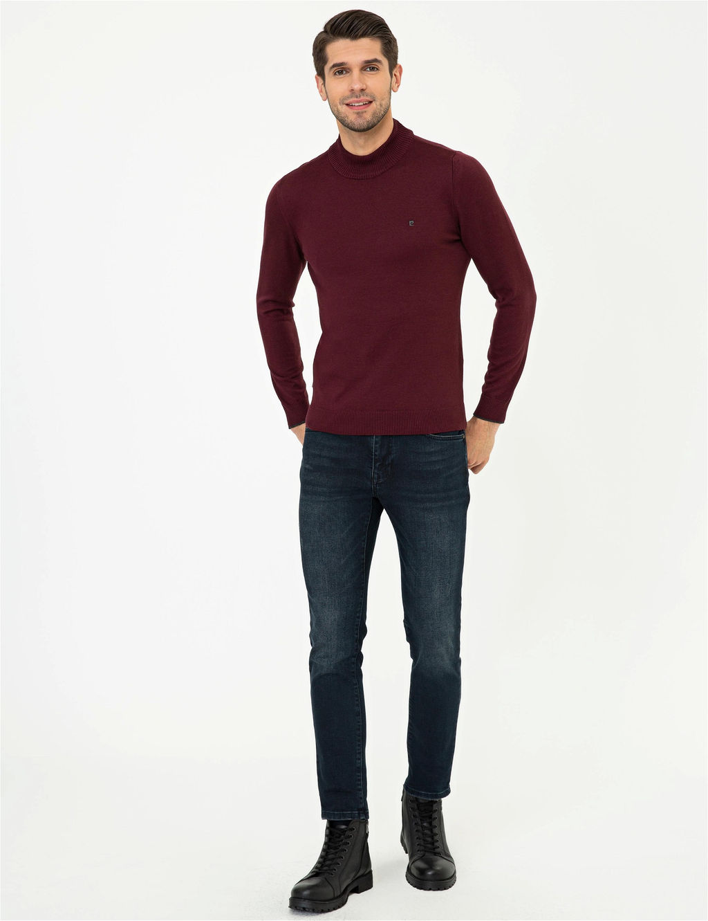 Bordo Slim Fit Yar_m Bal_k__ Yaka Basic Triko Kazak - Pierre cardin фото 5