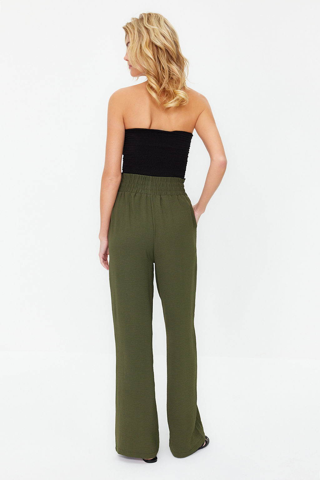Haki Wide Leg/Genis Paca Beli Lastikli Dokuma Pantolon TWOSS22PL00024