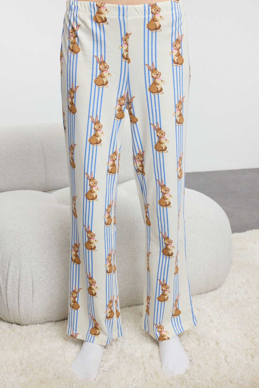 Trendyolmilla Cok Renkli %100 Pamuklu Cizgili Tavsan Desenli Orme Pijama Tak?m? THMAW25PT00193  фото 4