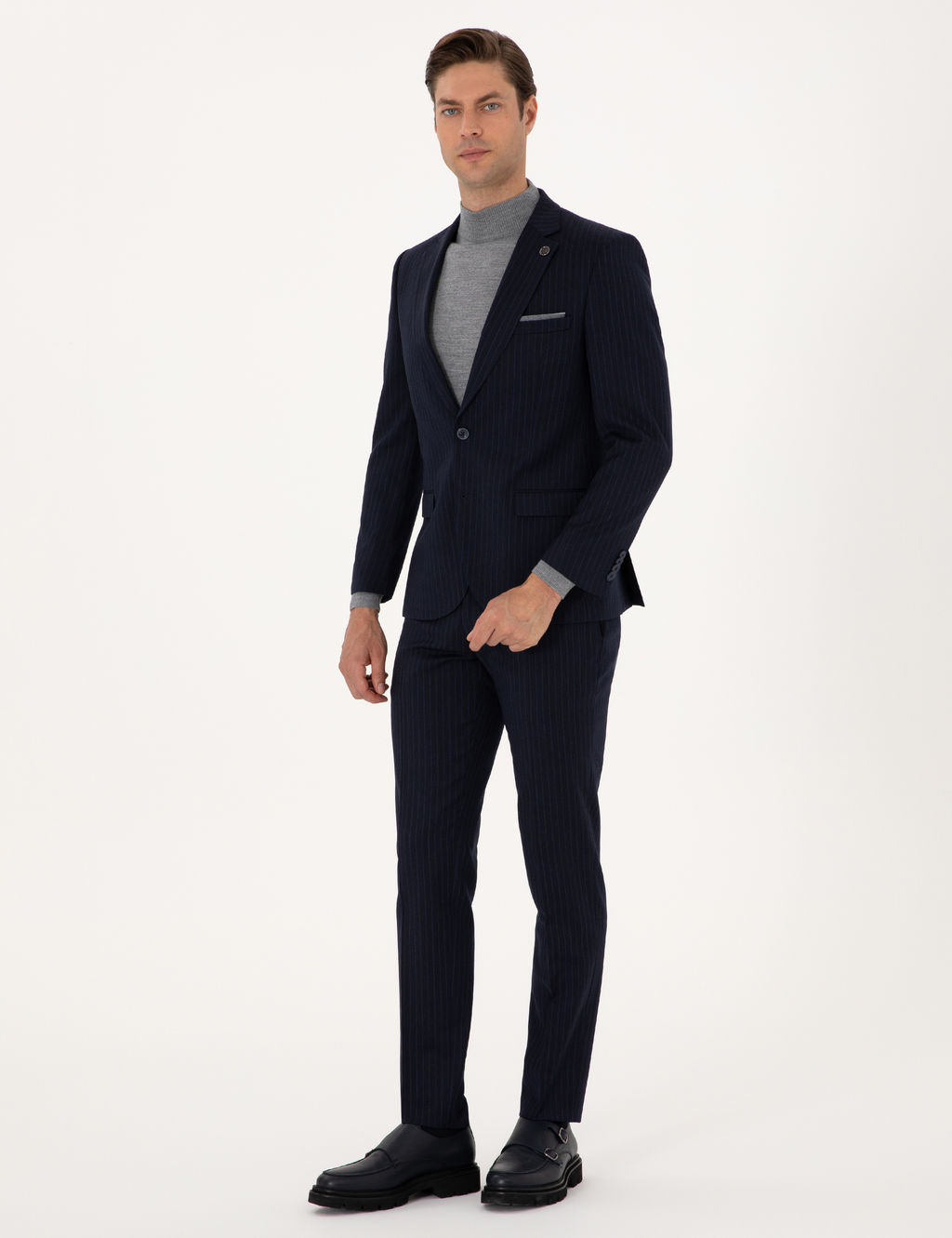 Lacivert Extra Slim Fit Y_n Kar___ml_ _izgili Tak_m Elbise