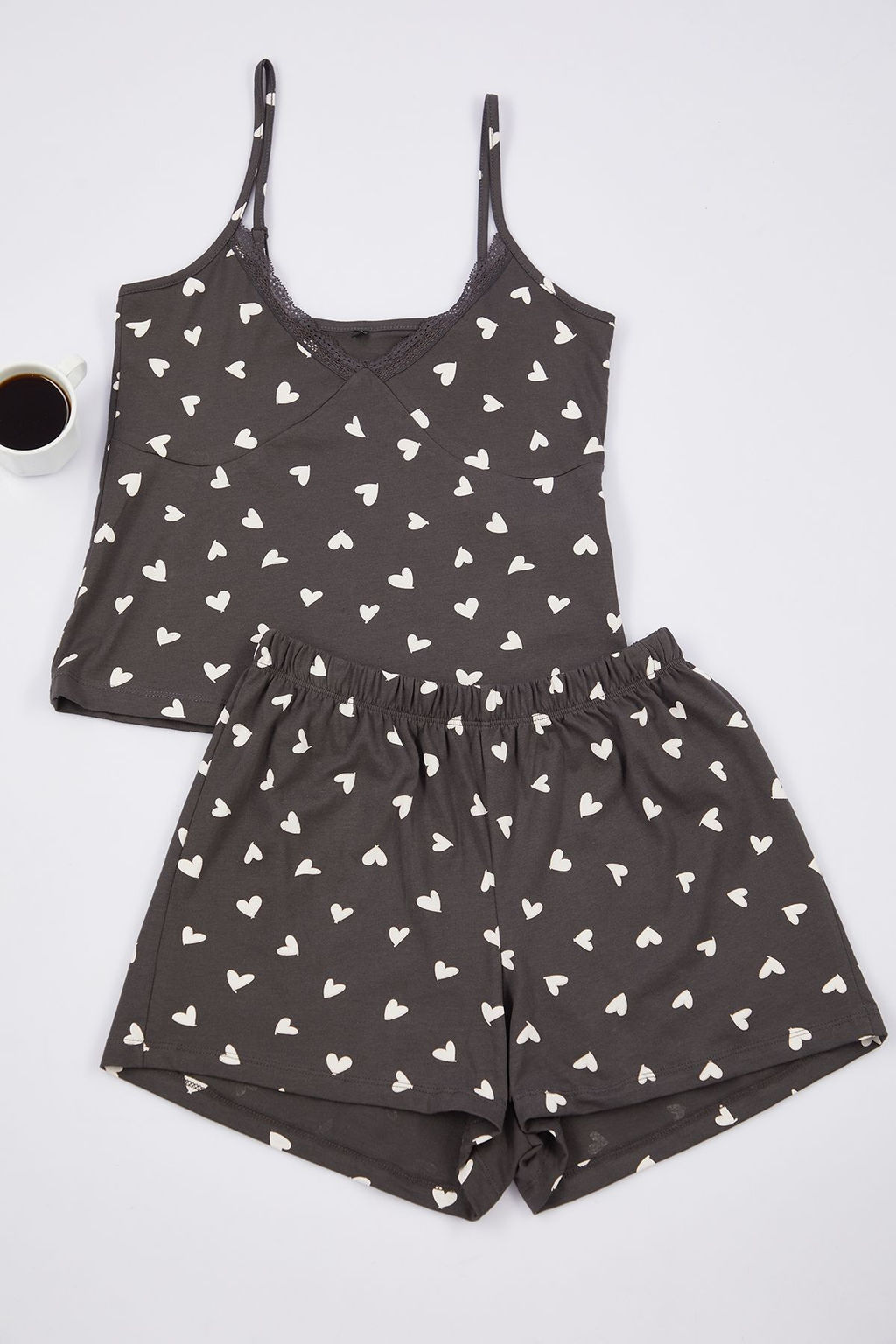 Trendyolmilla Beyaz %100 Pamuklu Kalpli Dantelli Ip Ask?l? Sortlu Orme Pijama Tak?m? THMSS24PT00106  фото 18