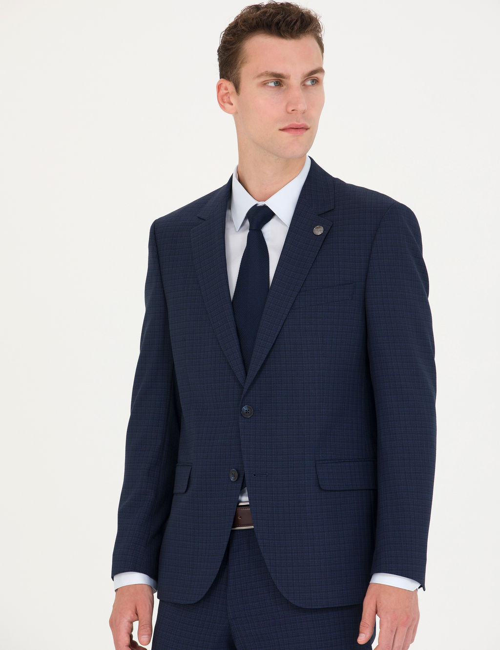 Kareli Lacivert Slim Fit Tak_m Elbise