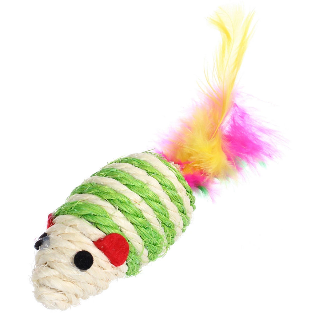 Цена за 6 шт. Игрушка - мышка для кошек "ЦЕПКИЕ ЛАПКИ", канатная с пёрышками, микс 3 цвета, 7*3,5см (пакет с хедером)