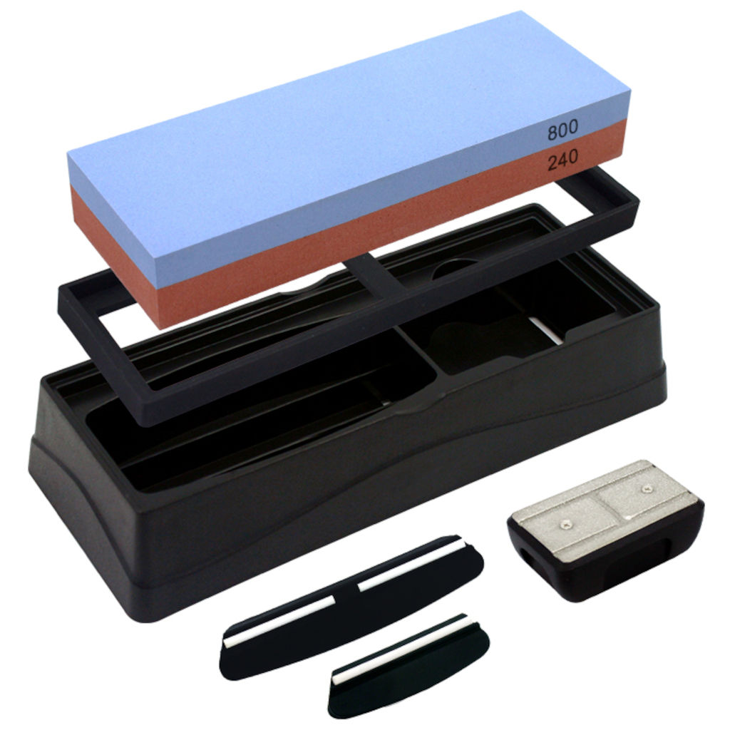 51520 GIPFEL Набор для заточки ножей 240/800 грит на резиновом основании 202*82*60 мм. Материал: электрокорунд, пластик, резина.