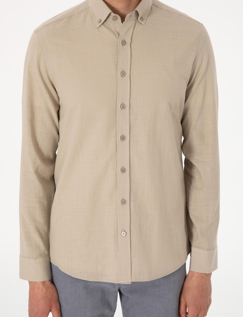 Haki Keten G_r_n_ml_ Slim Fit Uzun Kollu G_mlek - Pierre cardin фото 6