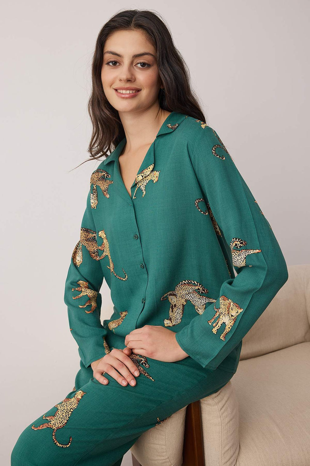 Trendyolmilla Lacivert Kaplan Desenli Viskon Dokuma Pijama Tak?m? THMAW25PT00036  фото 8