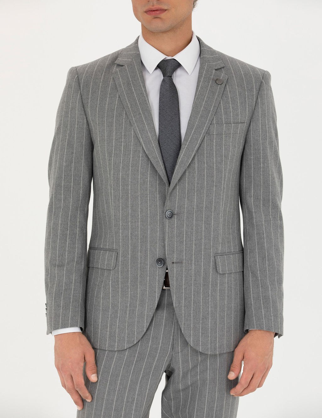 Gri Ex. Slim Fit _izgili Tak_m Elbise