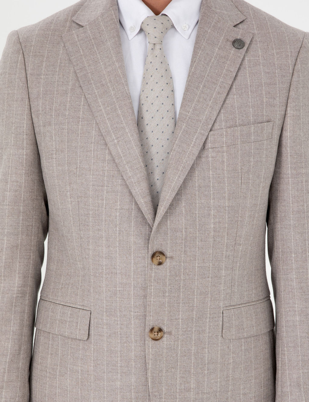 Bej Slim Fit _izgili Y_n Ka_mir Kar___ml_ Tak_m Elbise