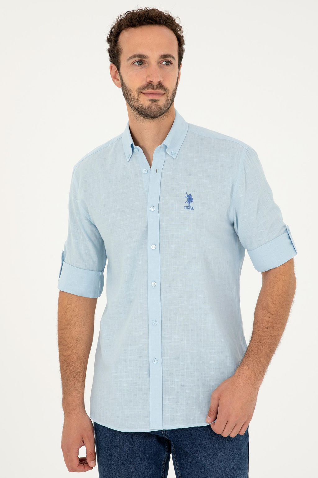 Рубашка U.S. Polo Assn с длинным рукавом голубая хлопок  фото 3