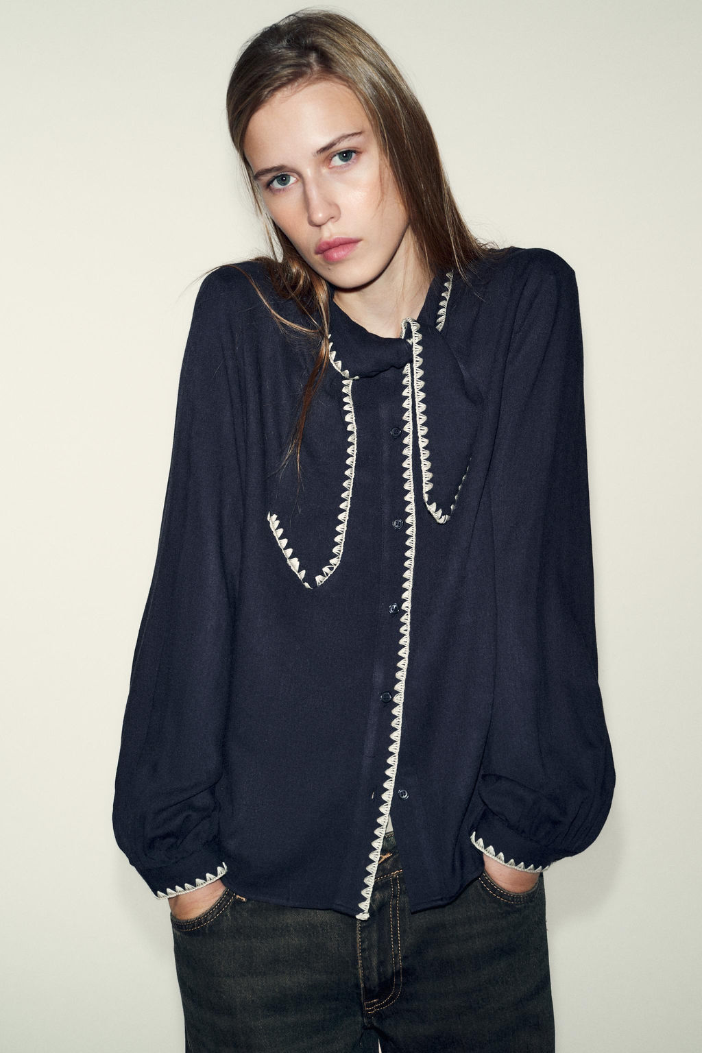 BLOUSE WITH TIE AND CONTRAST TOPSTITCHING