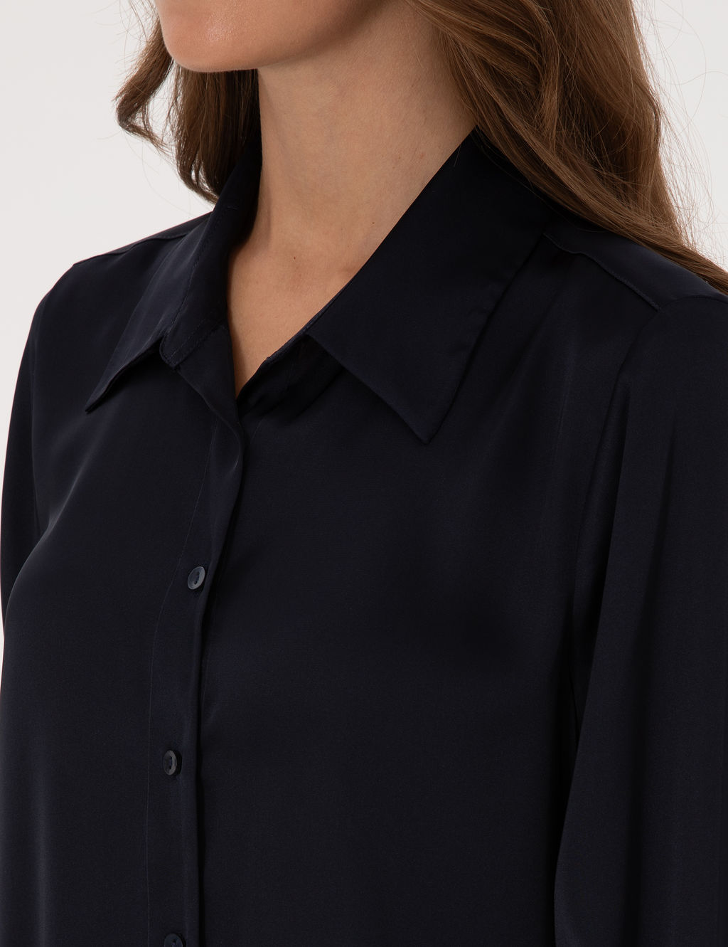 Lacivert Comfort Fit Uzun Kollu Saten G_mlek