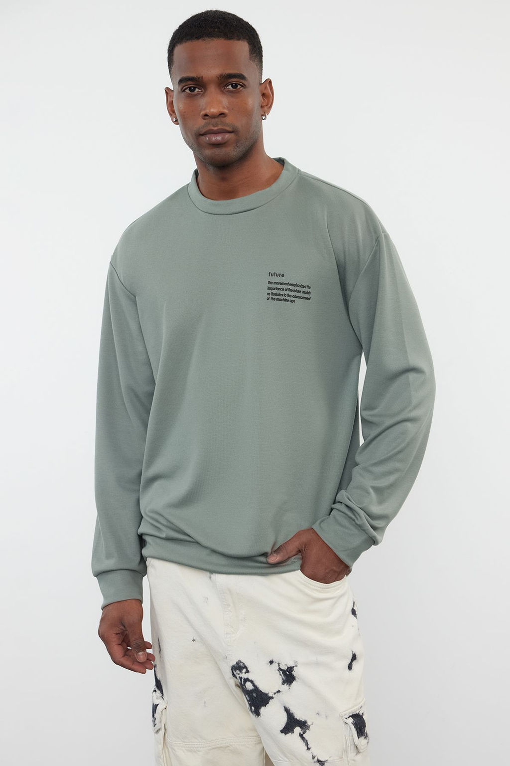 TRENDYOL MAN Mint Bisiklet Yaka Oversize/Genis Kesim Fit Minimal Yaz? Bask?l? Sweatshirt TMNAW23SW00237