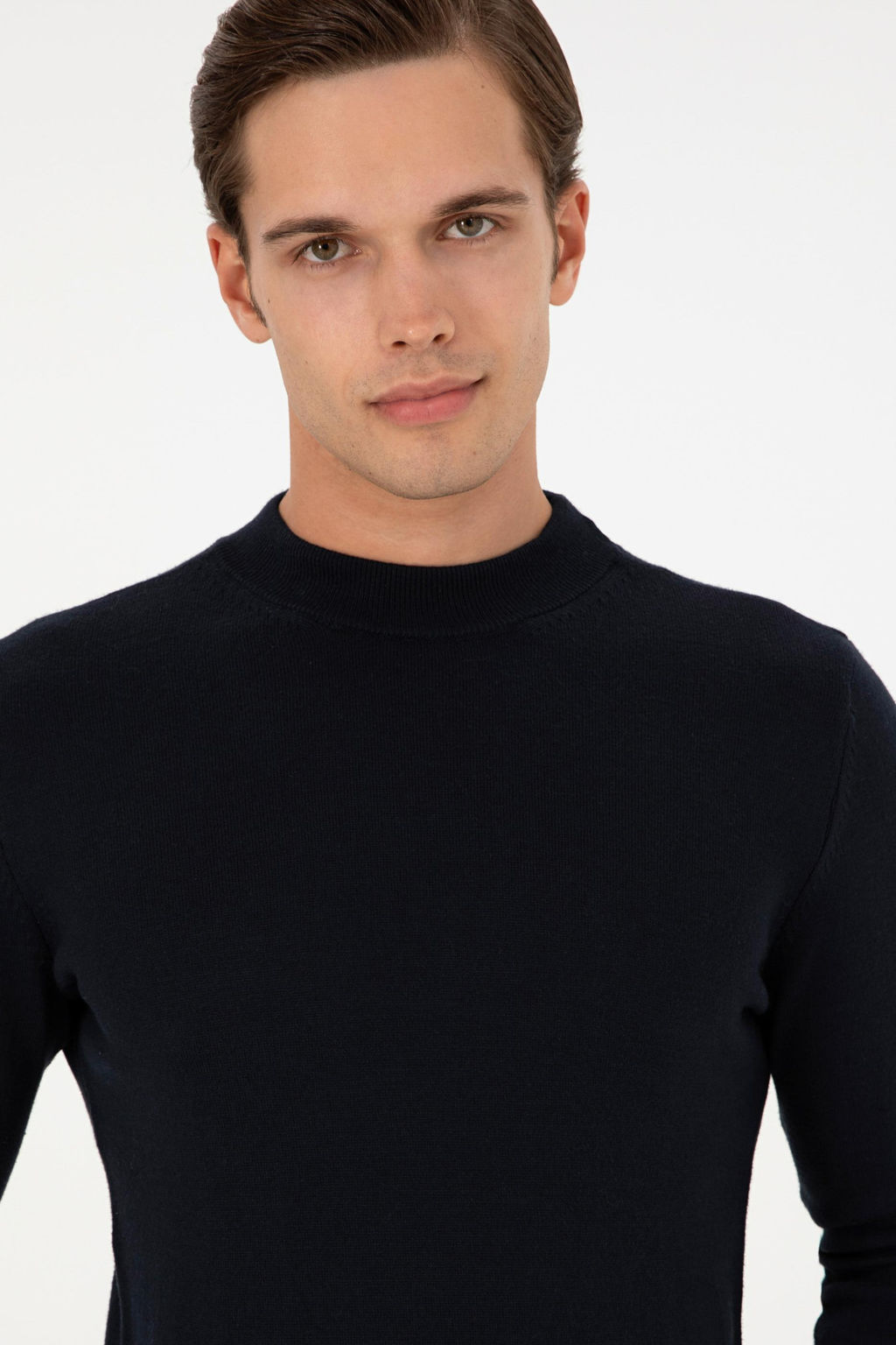 Erkek Slim Fit _eyrek Bal_k__ Yaka Lacivert Basic Triko Kazak