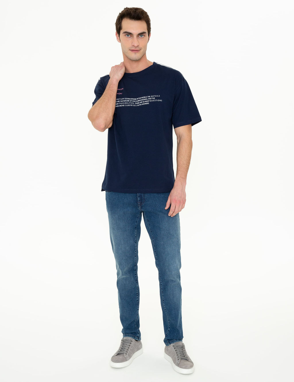 Lacivert Comfort Fit Bask_l_ Bisiklet Yaka Ti__rt