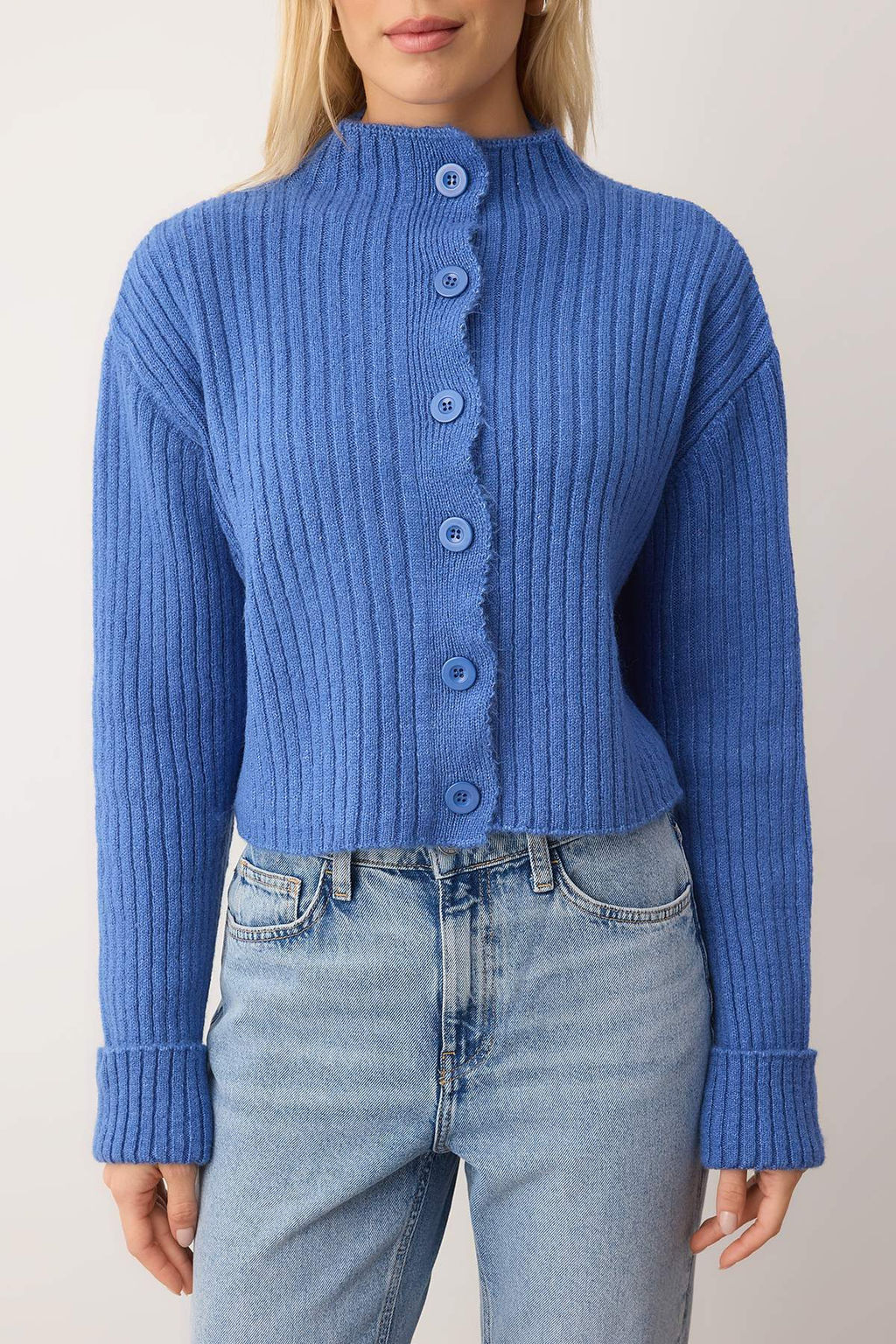 Mavi Crop Yumusak Dokulu Dik Yaka Triko H?rka TWOAW22HI0174