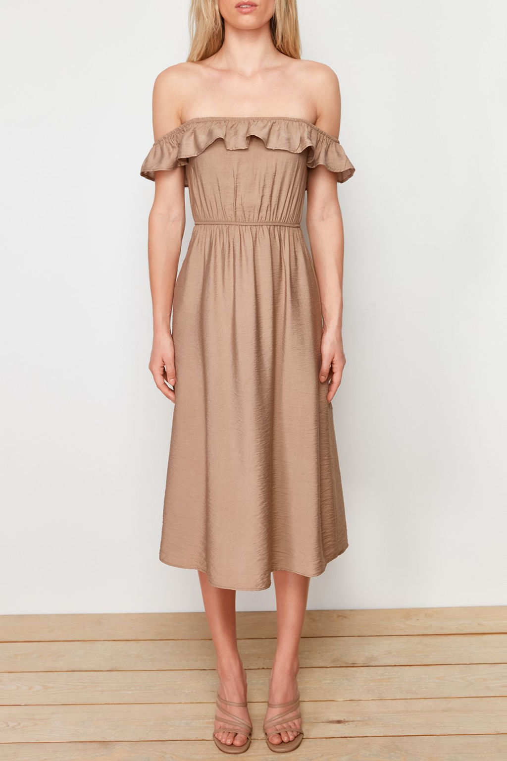 Vizon Duz Kesim Carmen Yaka Keten Gorunumlu Maxi Dokuma Elbise TWOSS24EL00691 - Trendyolmilla фото 4