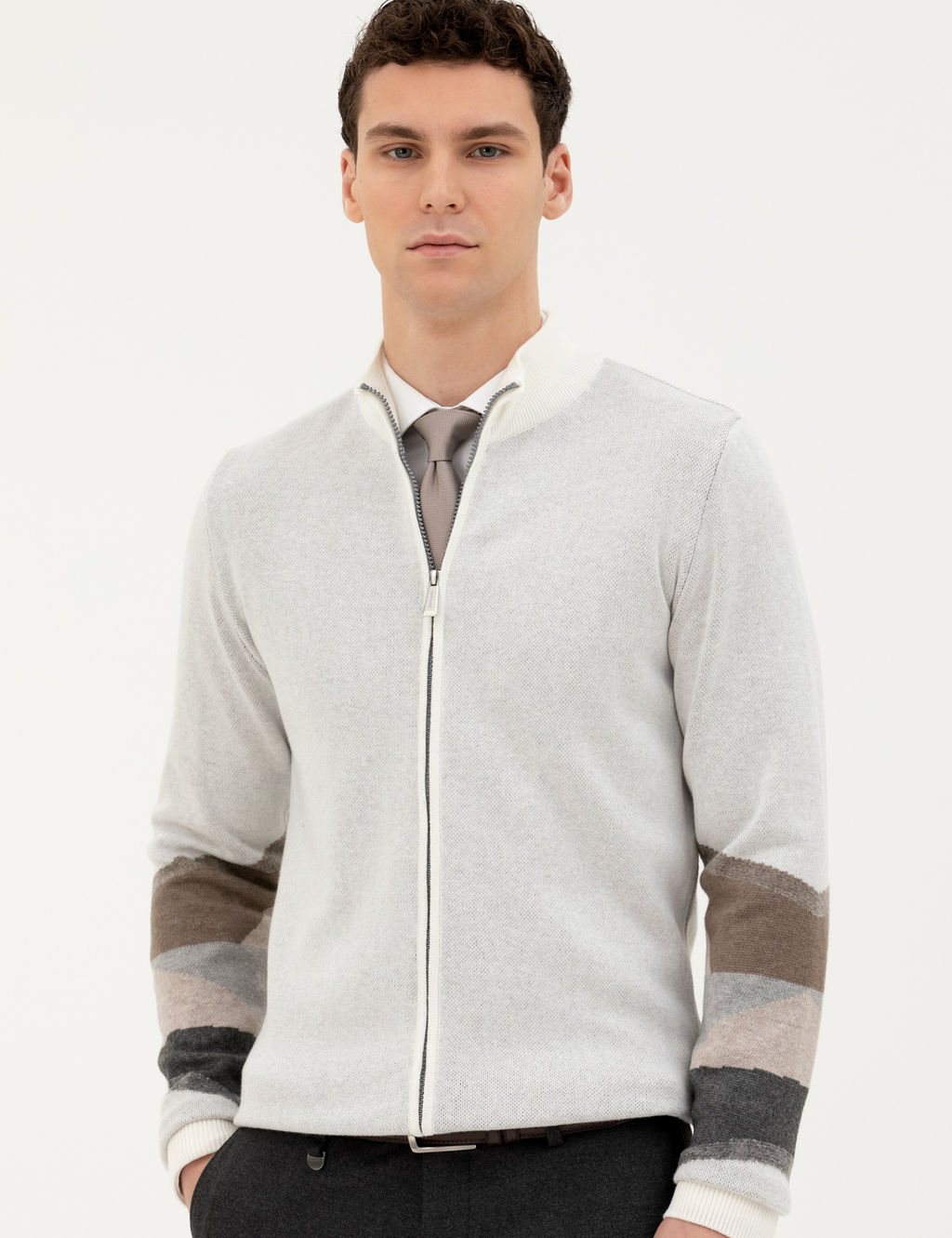 Ekru Slim Fit Fermuarl_ Triko H_rka