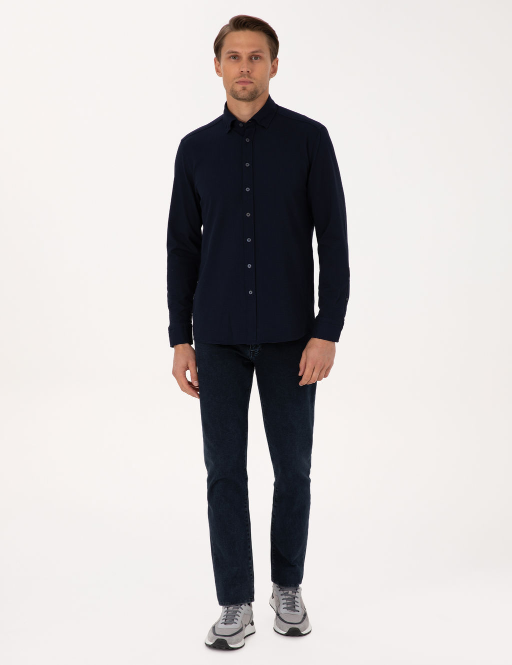 Lacivert Esnek Slim Fit _izgili Uzun Kollu G_mlek