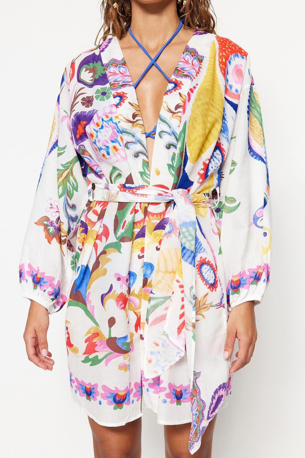 Cicek Desenli Kusakl? Mini Dokuma Balon Kollu %100 Pamuklu Plaj Kimono&Kaftan TBESS22KM0022 - Trendyolmilla фото 5